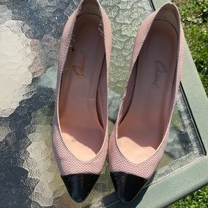 Pink and black leather heels